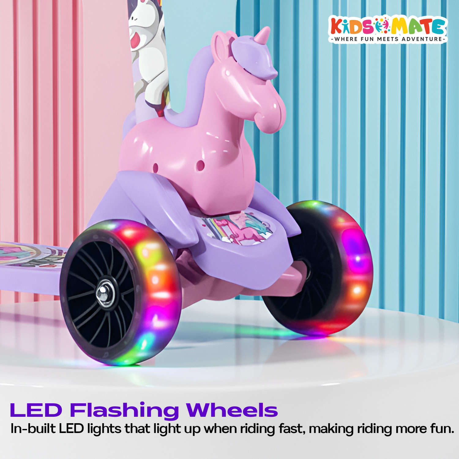 Image of Kidsmate Unicorn Kick Scooter Age 3-8 Yrs, 3-Level Adjustable Height, LED Wheels Kids Scooter