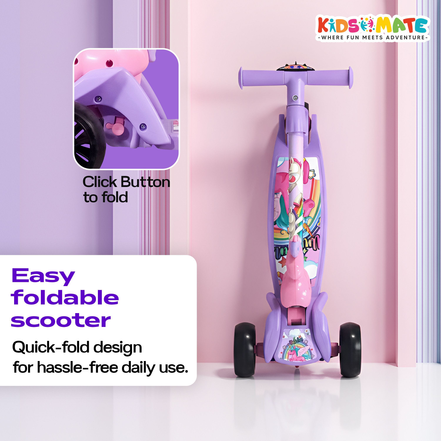 Image of Kidsmate Unicorn Kick Scooter Age 3-8 Yrs, 3-Level Adjustable Height, LED Wheels Kids Scooter