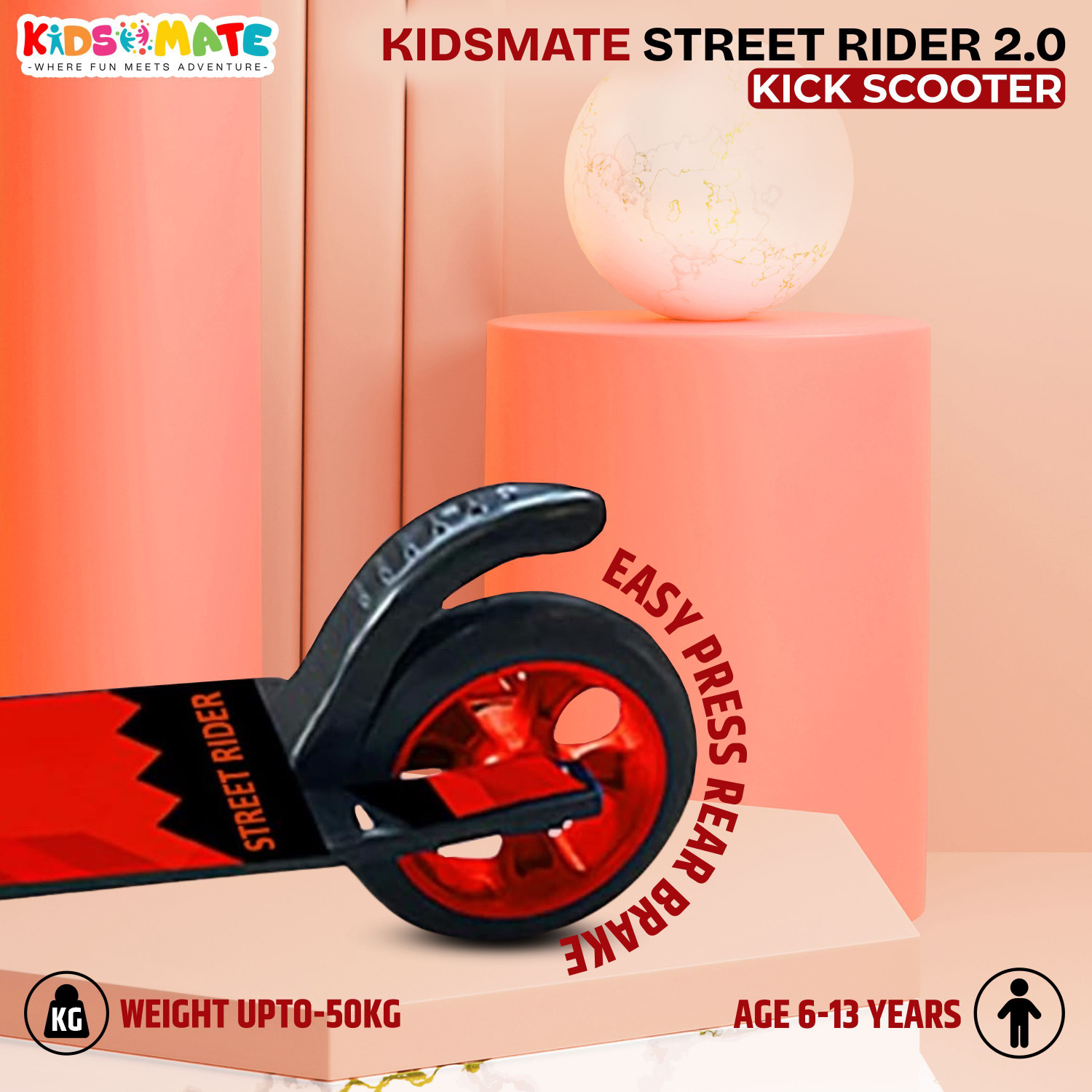 Image of Kidsmate Street Rider 2.0 Foldable Kick Scooter | 2 Wheel with Adjustable Height Kids Scooter