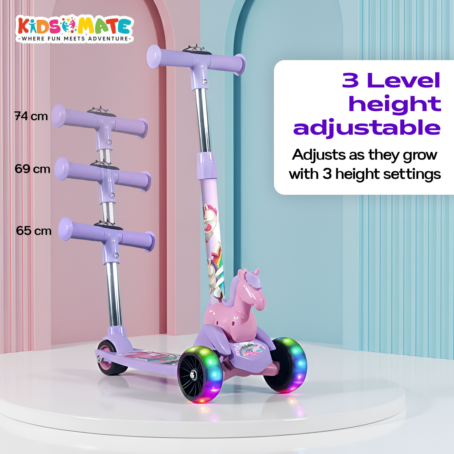 Image of Kidsmate Unicorn Kick Scooter Age 3-8 Yrs, 3-Level Adjustable Height, LED Wheels Kids Scooter