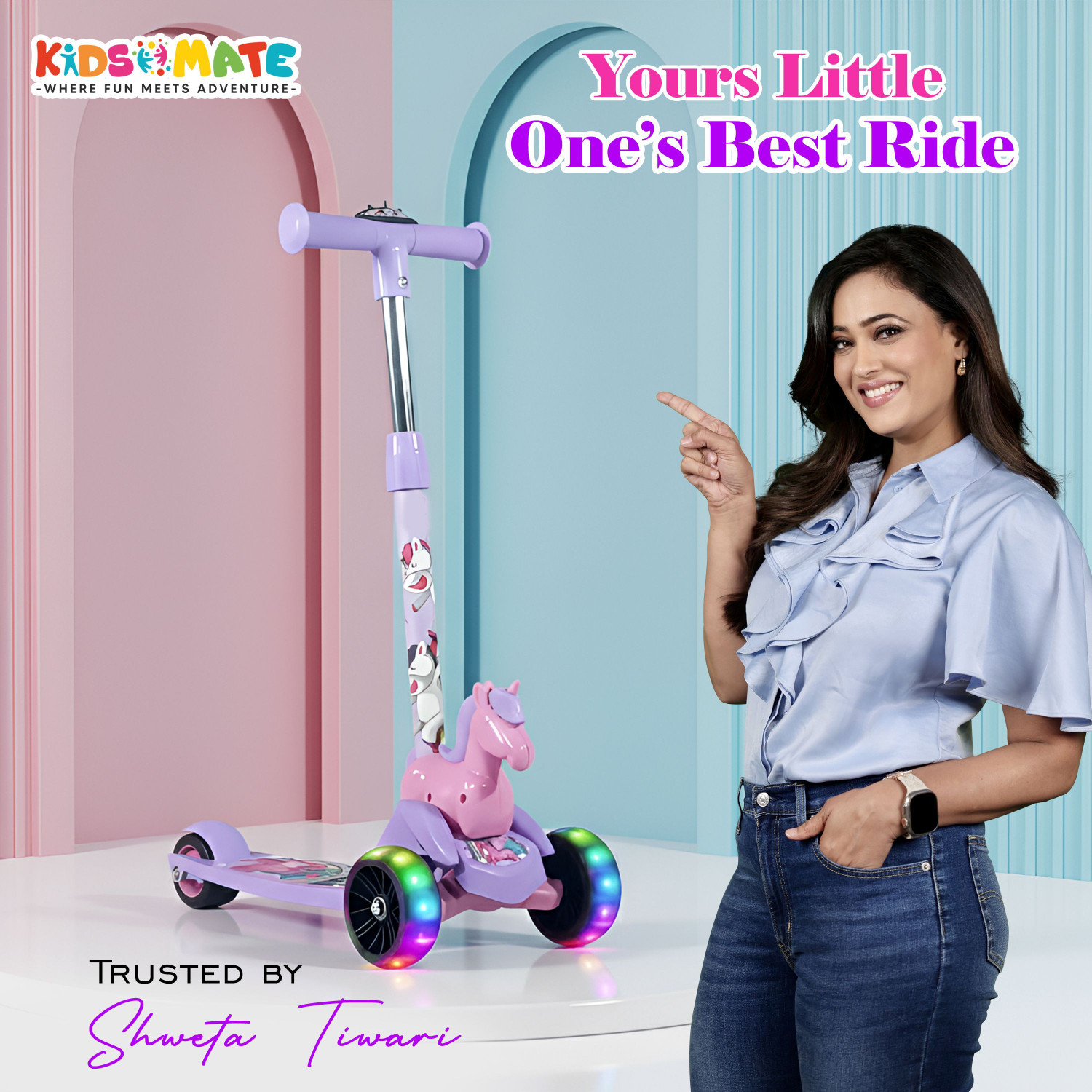 Image of Kidsmate Unicorn Kick Scooter Age 3-8 Yrs, 3-Level Adjustable Height, LED Wheels Kids Scooter