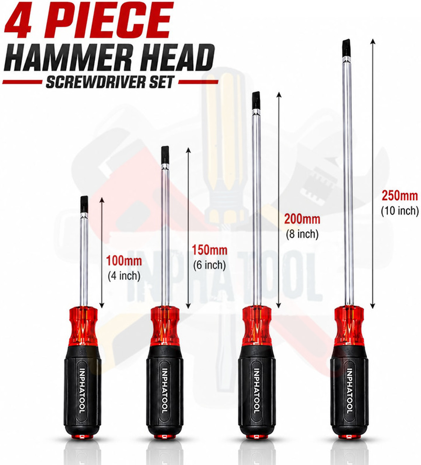 Image of INPHATOOL Professional Magnetic 2in1 Screwdriver Tip Hammer Strike Cap & Slotted Combination Screwdriver Set (Pack of 4)
