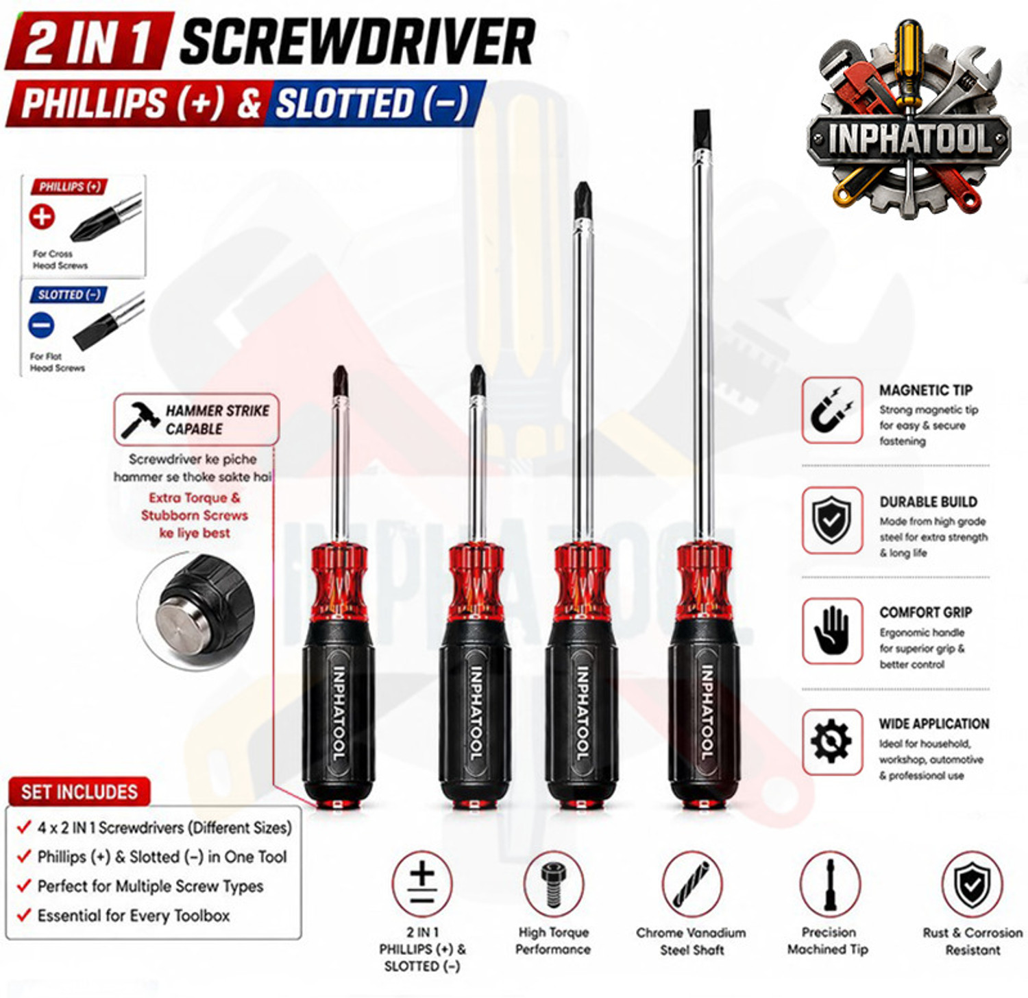 Image of INPHATOOL Professional Magnetic 2in1 Screwdriver Tip Hammer Strike Cap & Slotted Combination Screwdriver Set (Pack of 4)