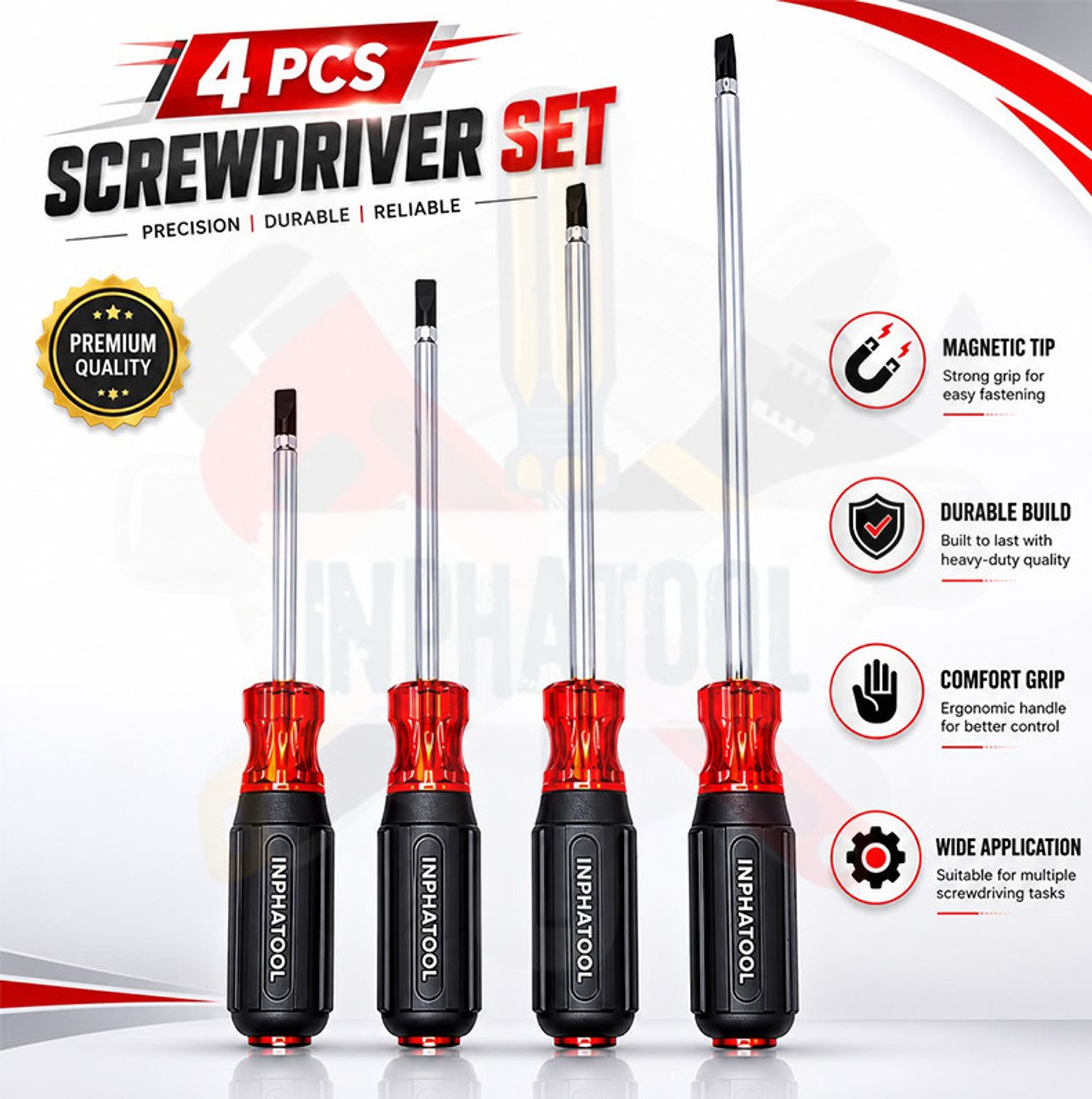Image of INPHATOOL Professional Magnetic 2in1 Screwdriver Tip Hammer Strike Cap & Slotted Combination Screwdriver Set (Pack of 4)