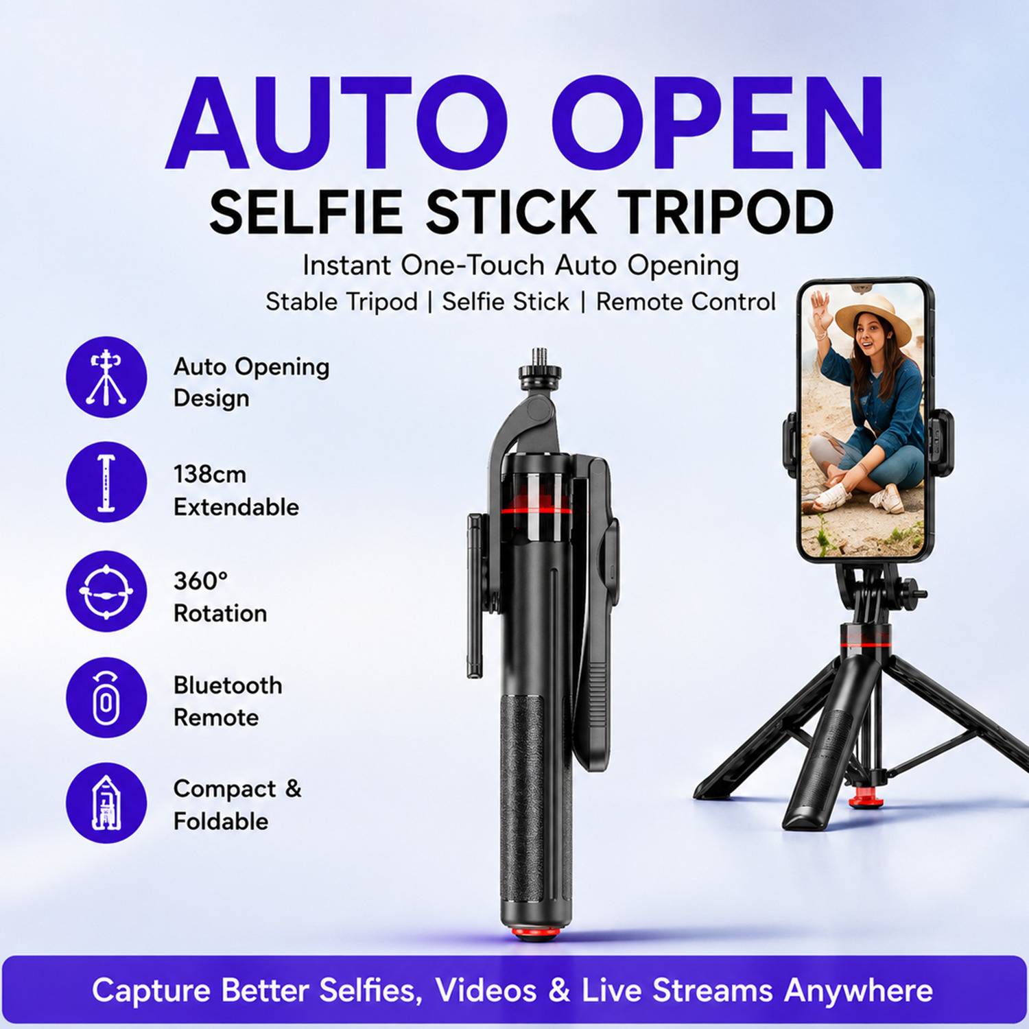 ONE7 2-in-1 Selfie Stick Tripod with Bluetooth Remote - Image 2