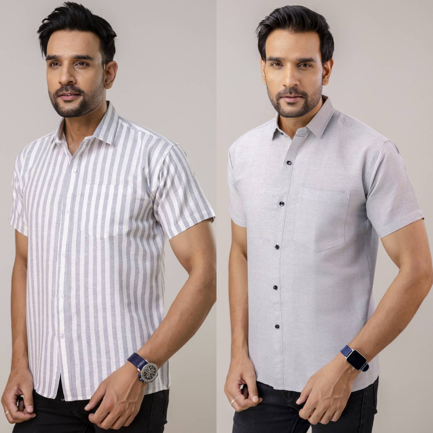 Shozaai Collection Men Solid, Striped Casual Grey Shirt