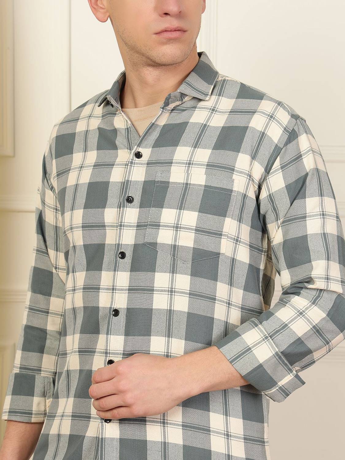 WOXEN Men Checkered Grey, Cream Shirt - Image 4