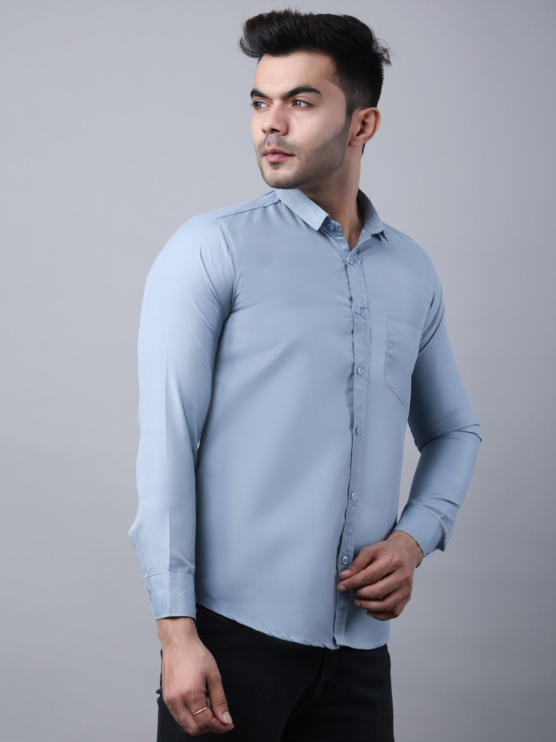 Image of GLeo Men Solid Casual Light Blue Shirt