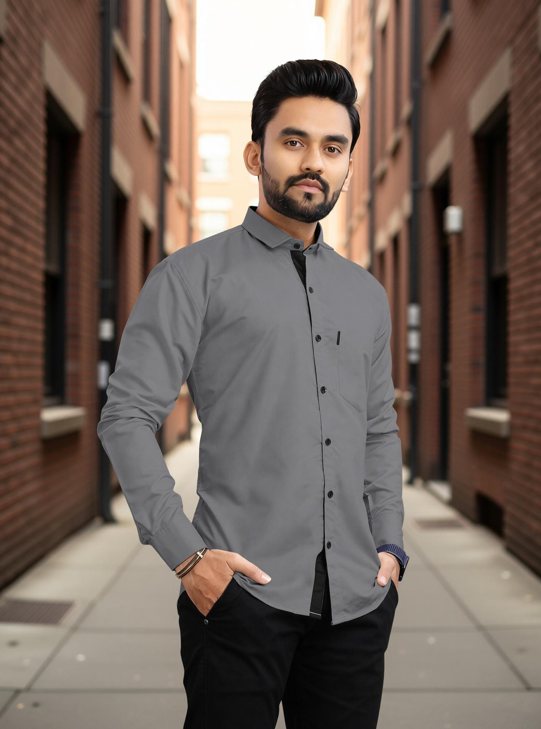 Image of RAHUL LOOK Men Solid Casual Grey Shirt