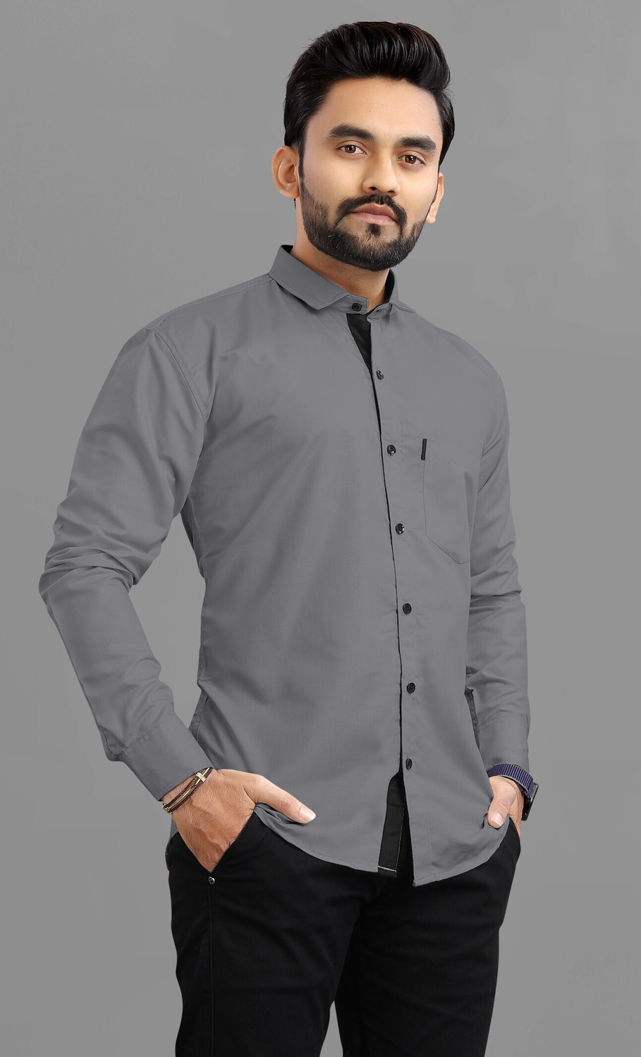 Image of RAHUL LOOK Men Solid Casual Grey Shirt