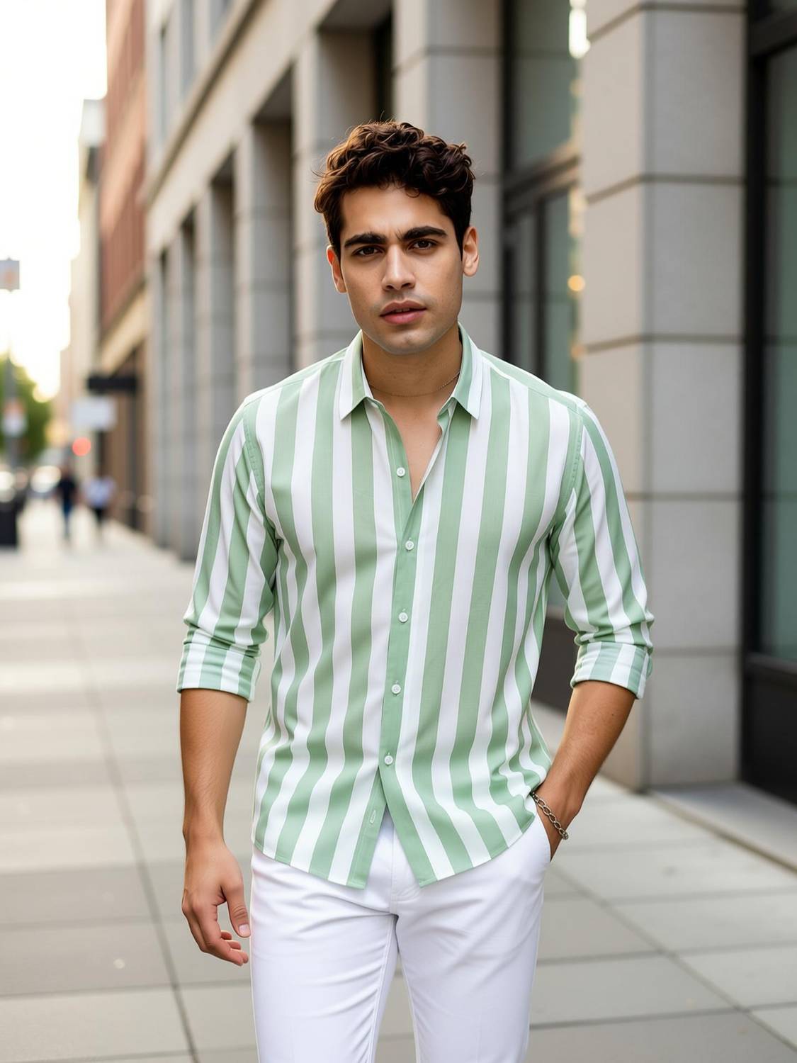 HKV Men Striped Green Casual Shirt - Image 1