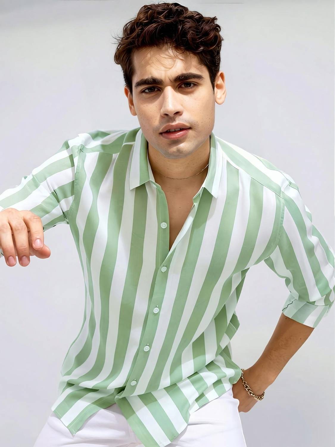 HKV Men Striped Green Casual Shirt - Image 2