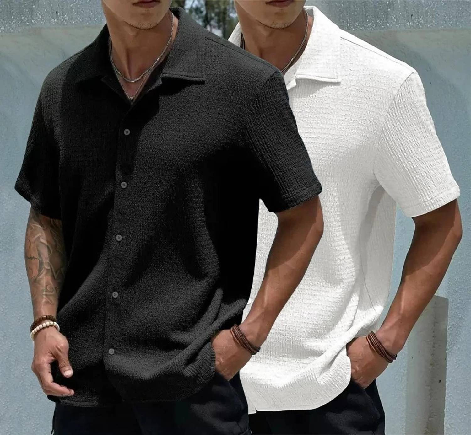 COMBRAIDED Men Solid Casual Black, White Shirt - Image 1