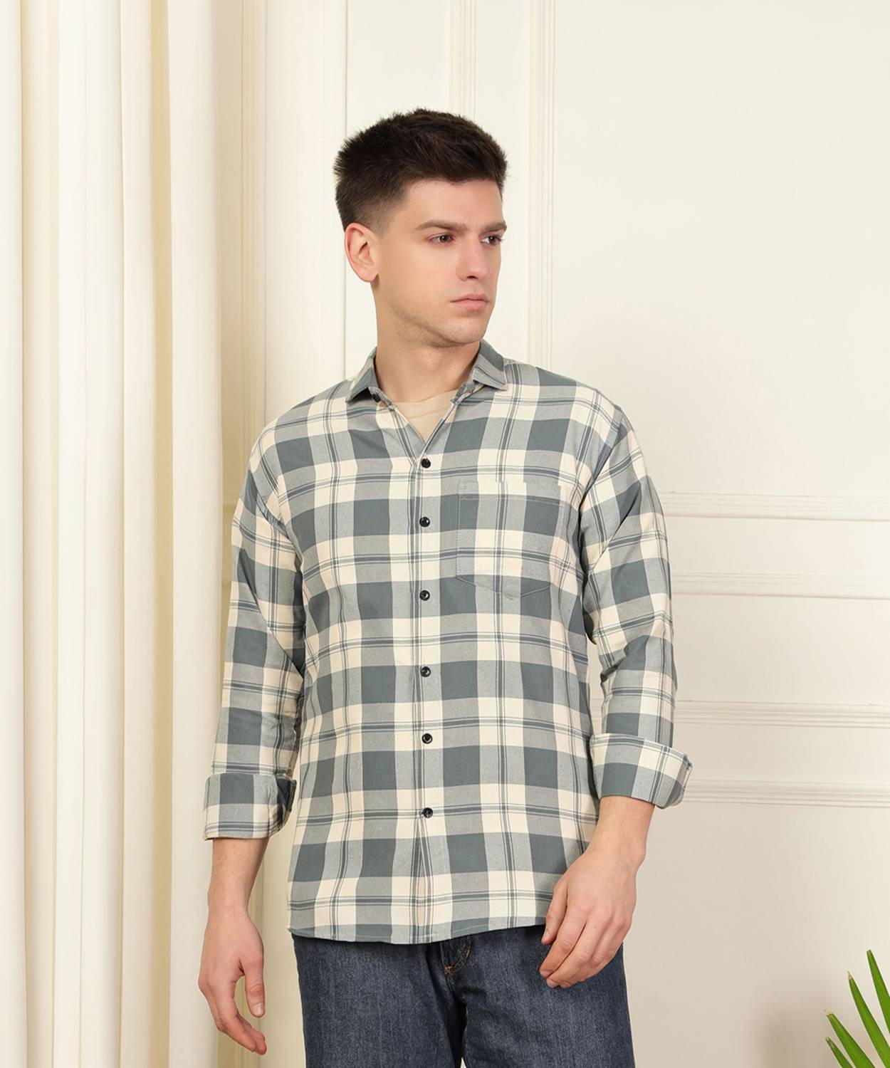 WOXEN Men Checkered Grey, Cream Shirt - Image 2