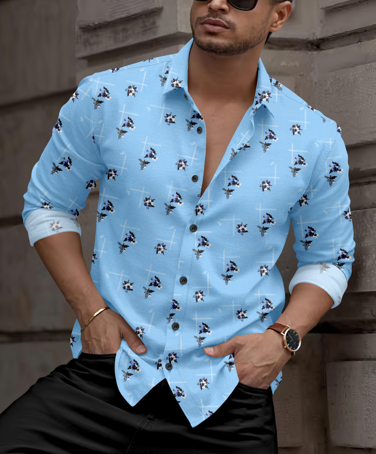 Image of SANBROS Men Printed Casual Blue Shirt