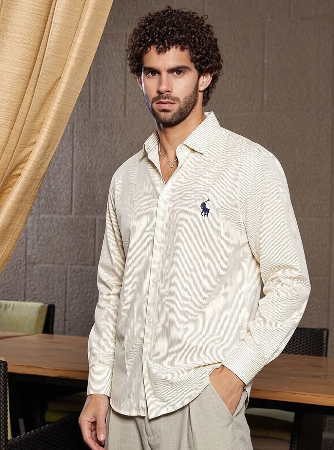 Image of RADHIKA FASHION HOUSE Men Striped Casual Cream Shirt
