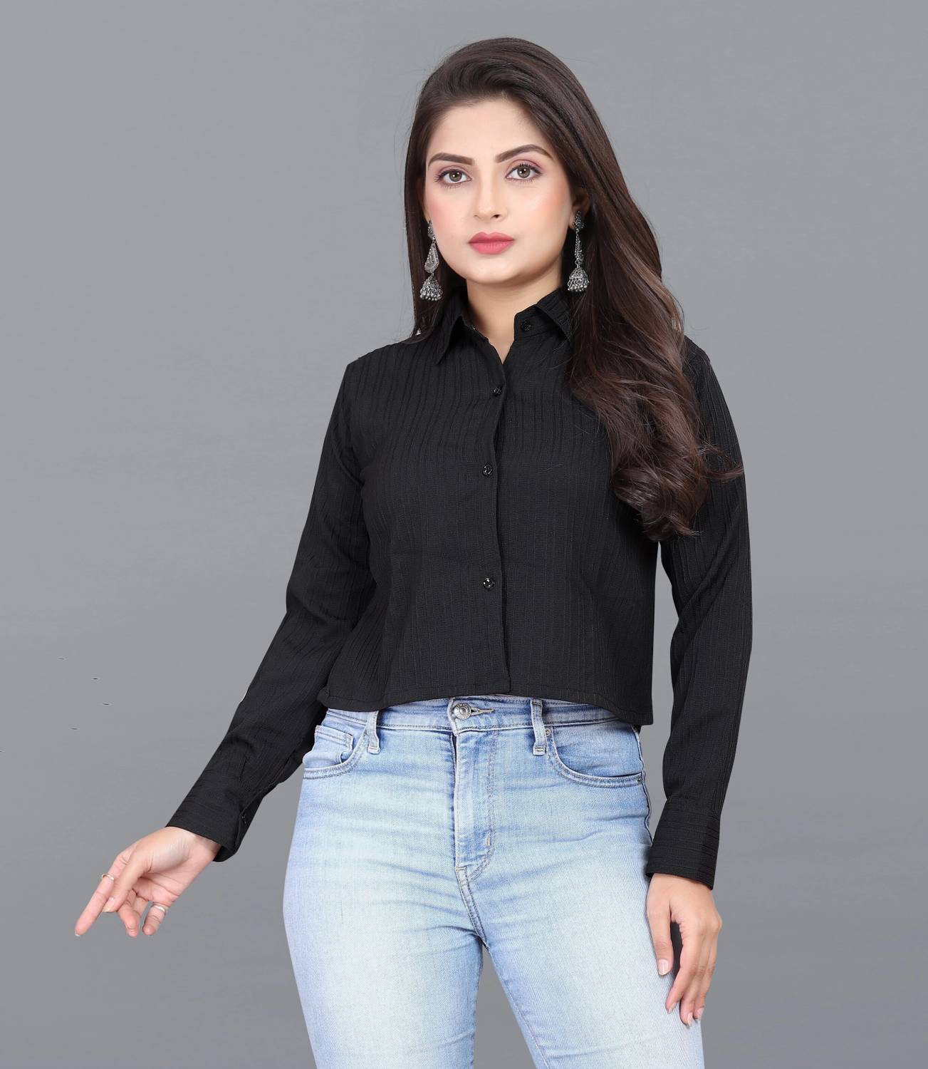 AKDYUG Women Striped Casual Black Shirt