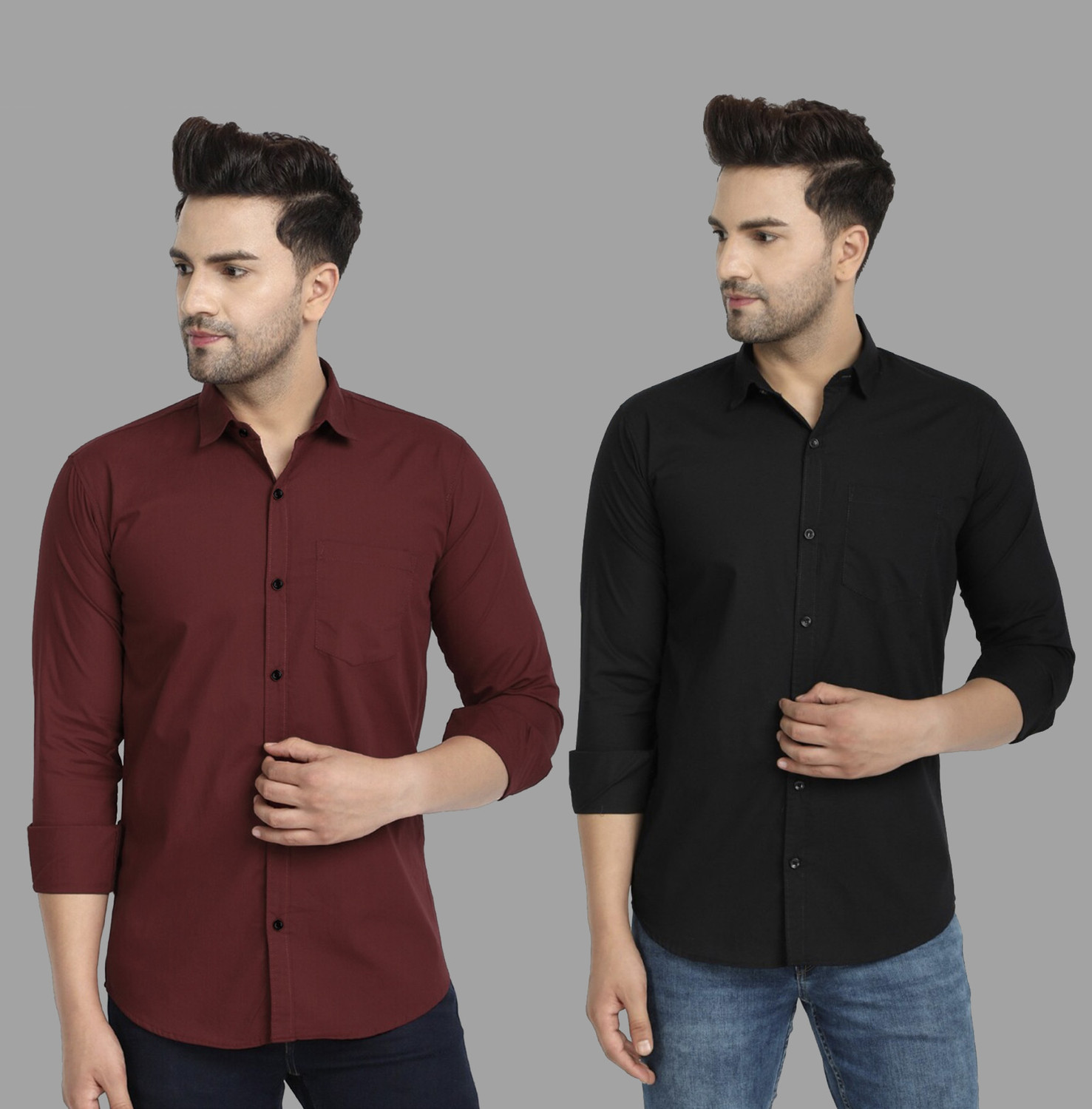 Image of TIGERSNAKE Men Solid Casual Maroon, Black Shirt
