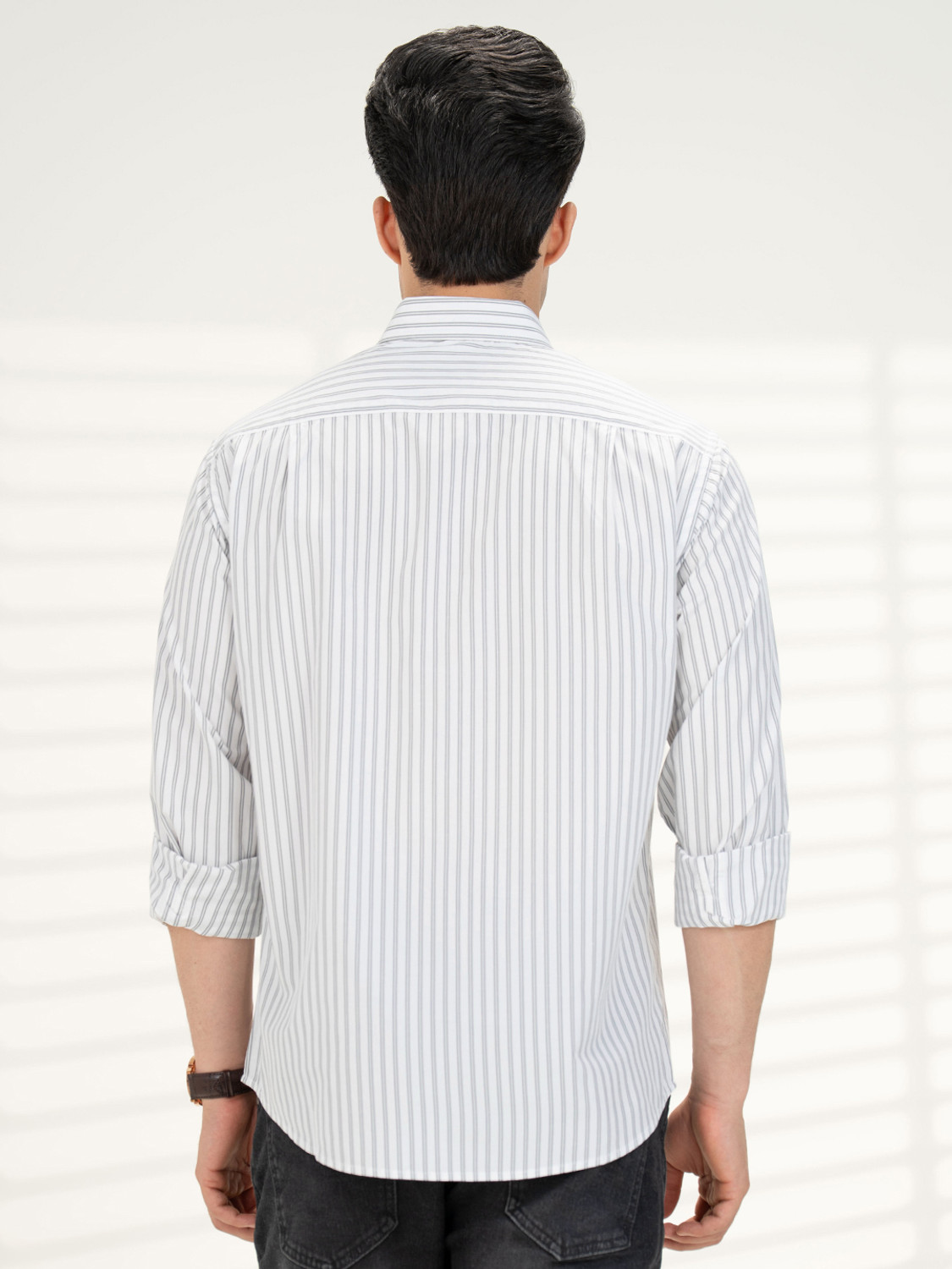 Image of RED TAPE Men Striped Casual Grey Shirt
