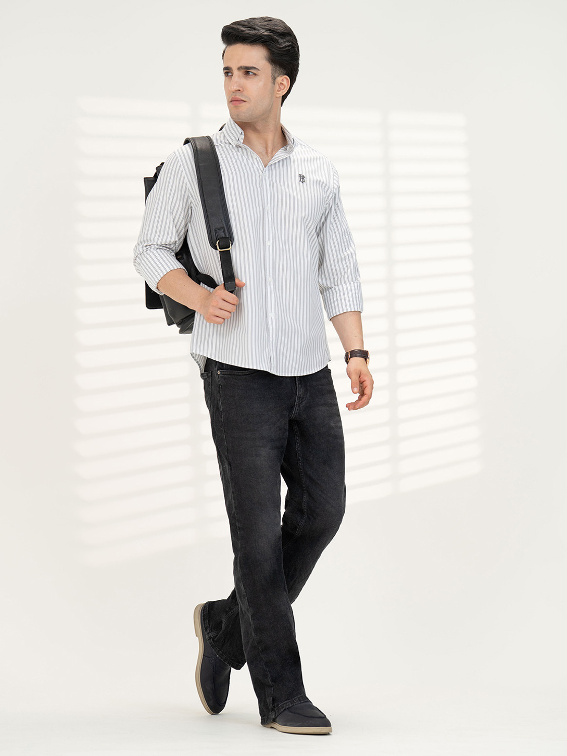 Image of RED TAPE Men Striped Casual Grey Shirt