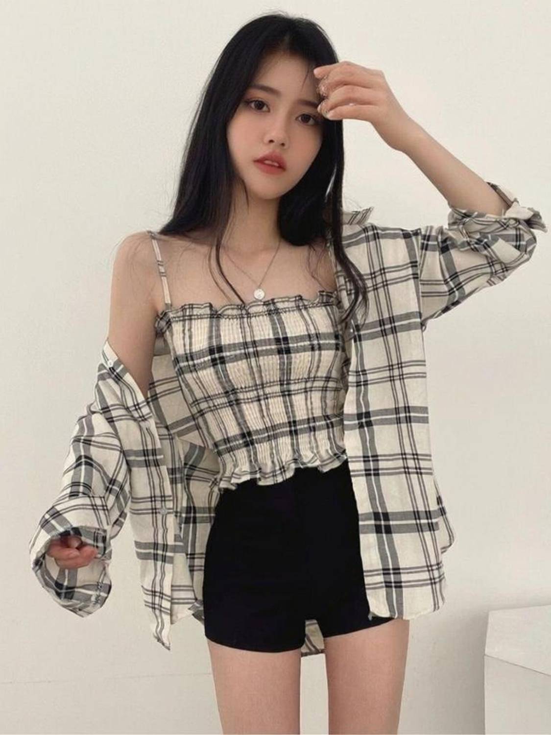BNK Women Checkered Casual Cream Shirt