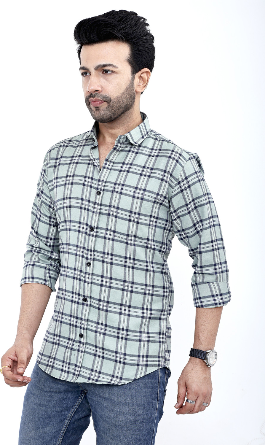 Image of FATTY MOUSE Men Checkered Casual Green Shirt