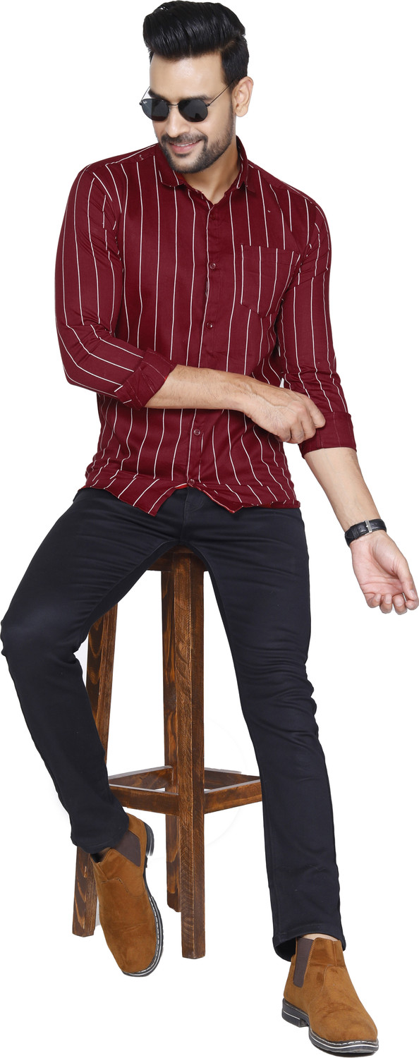 Image of Studio-9 Men Striped Casual Maroon Shirt