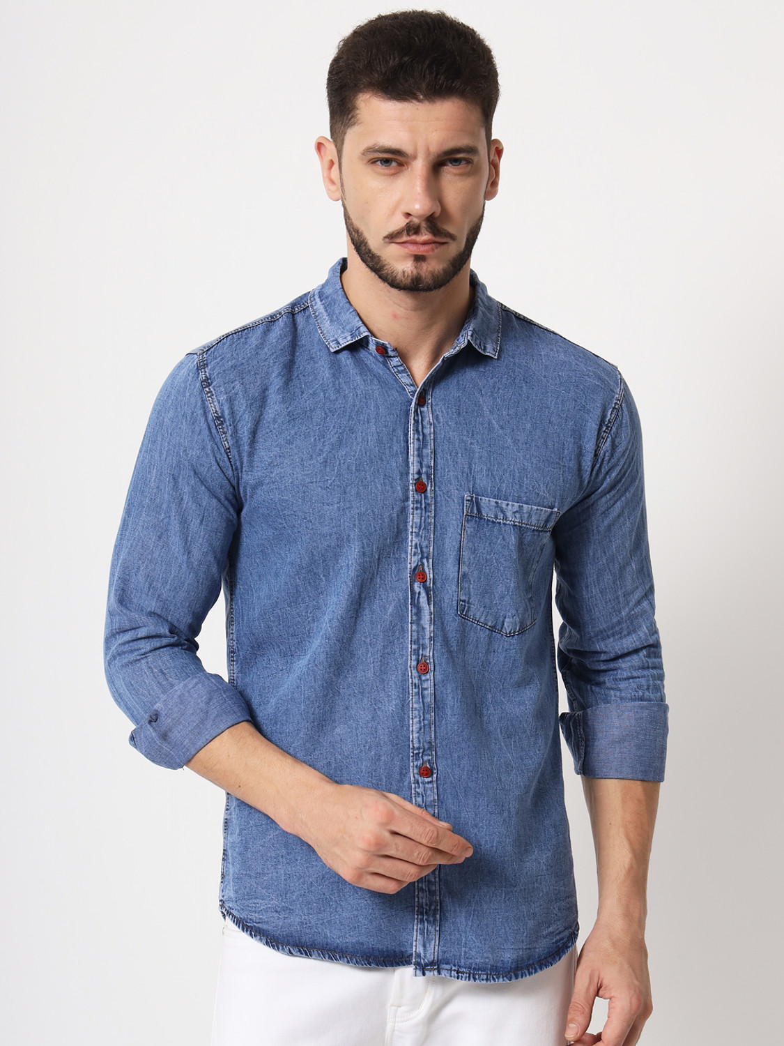 Image of Double One Men Washed Casual Blue Shirt