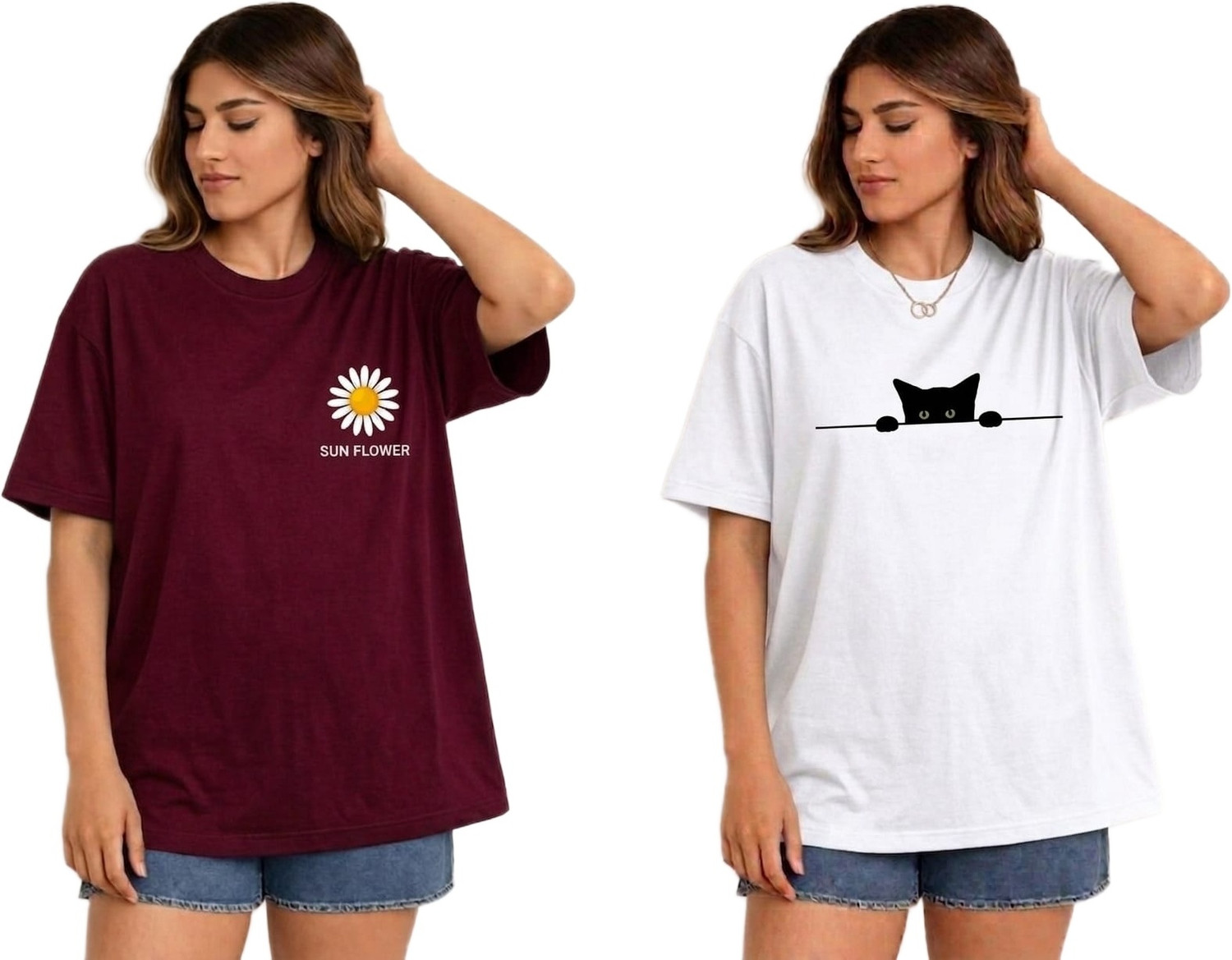 Image of Nexcy Printed Women Round Neck Maroon, White T-Shirt