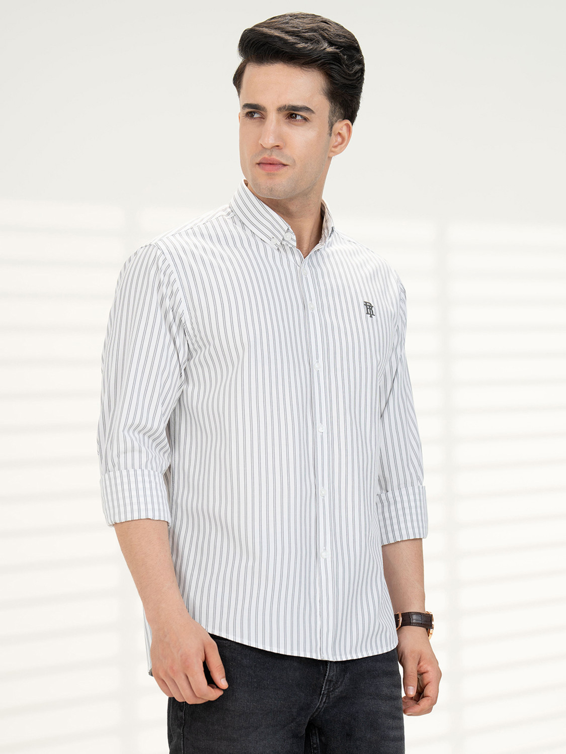 Image of RED TAPE Men Striped Casual Grey Shirt