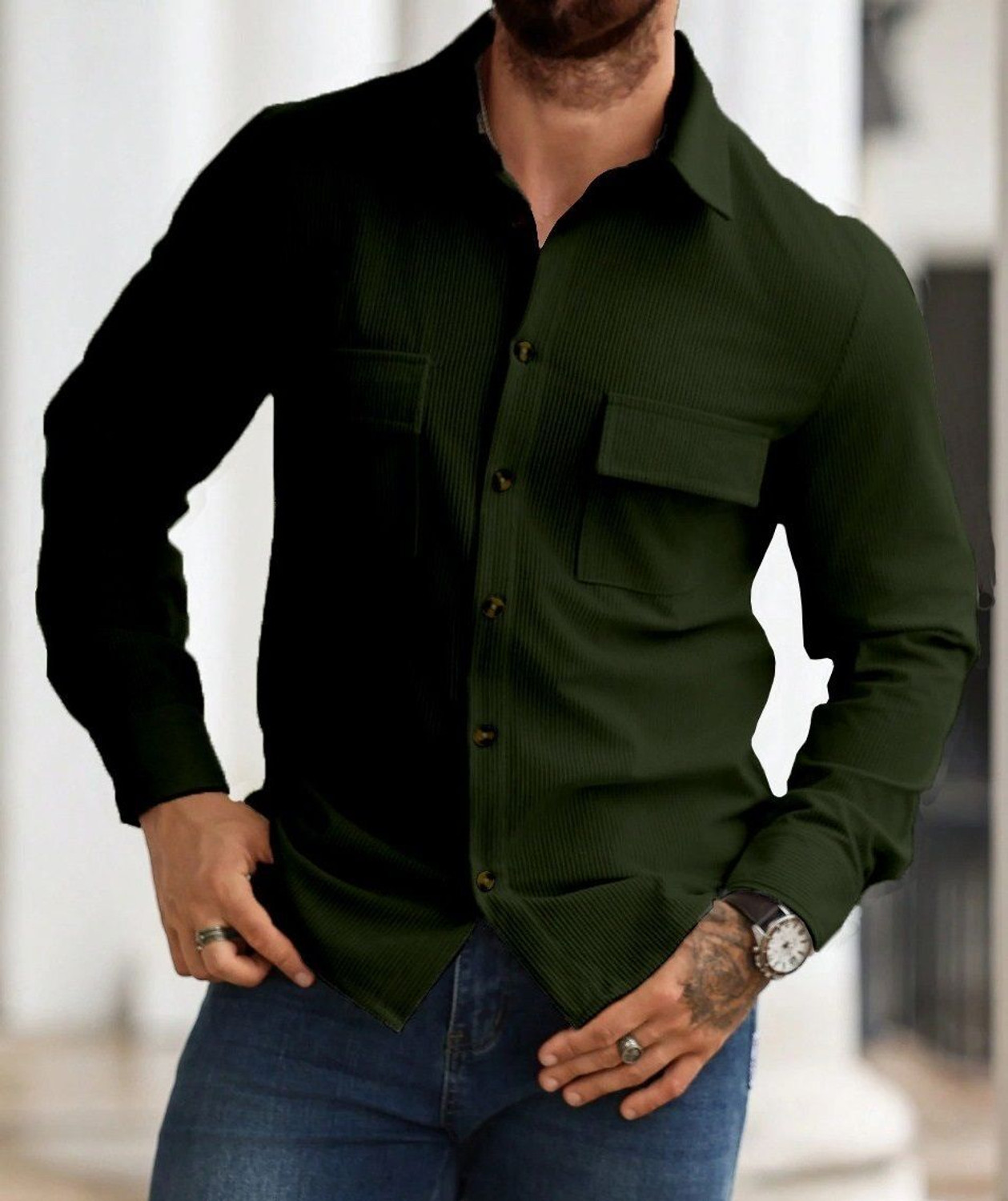 Image of COMBRAIDED Men Self Design Casual Dark Green Shirt