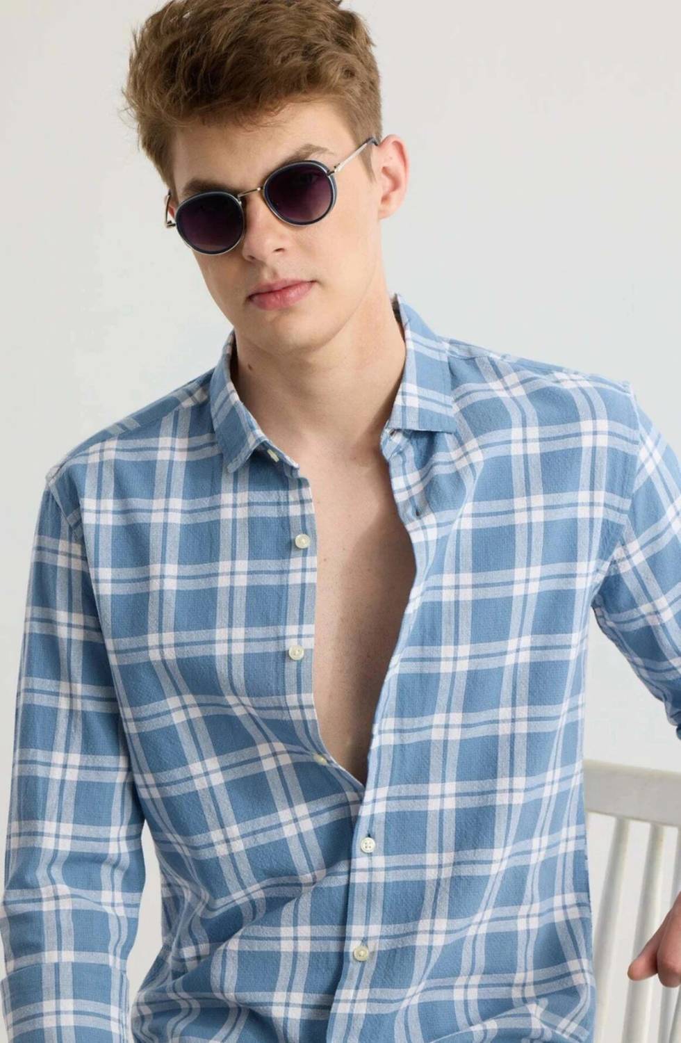 FUBAR Men Checkered Light Blue Shirt - Image 1