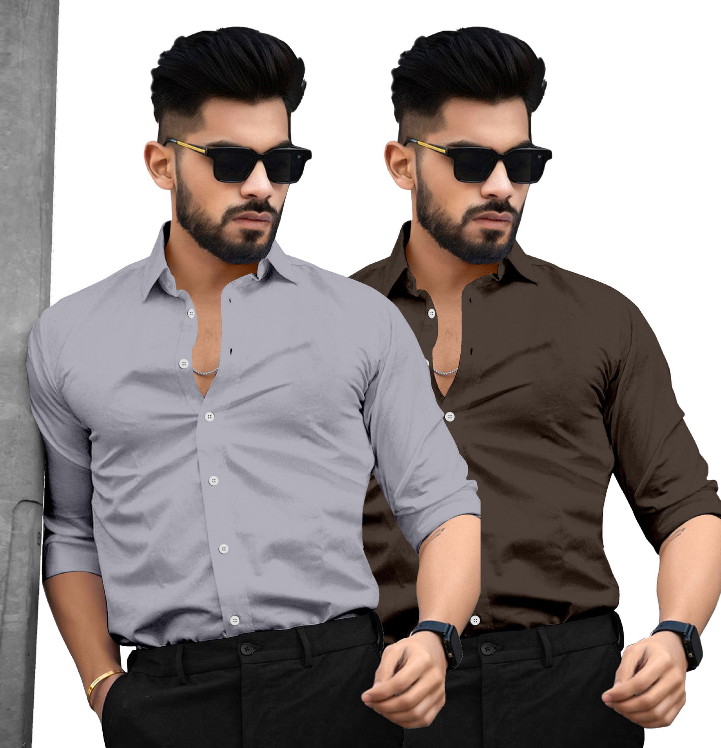 Image of SAADIWALA Men Solid Casual Grey, Brown Shirt