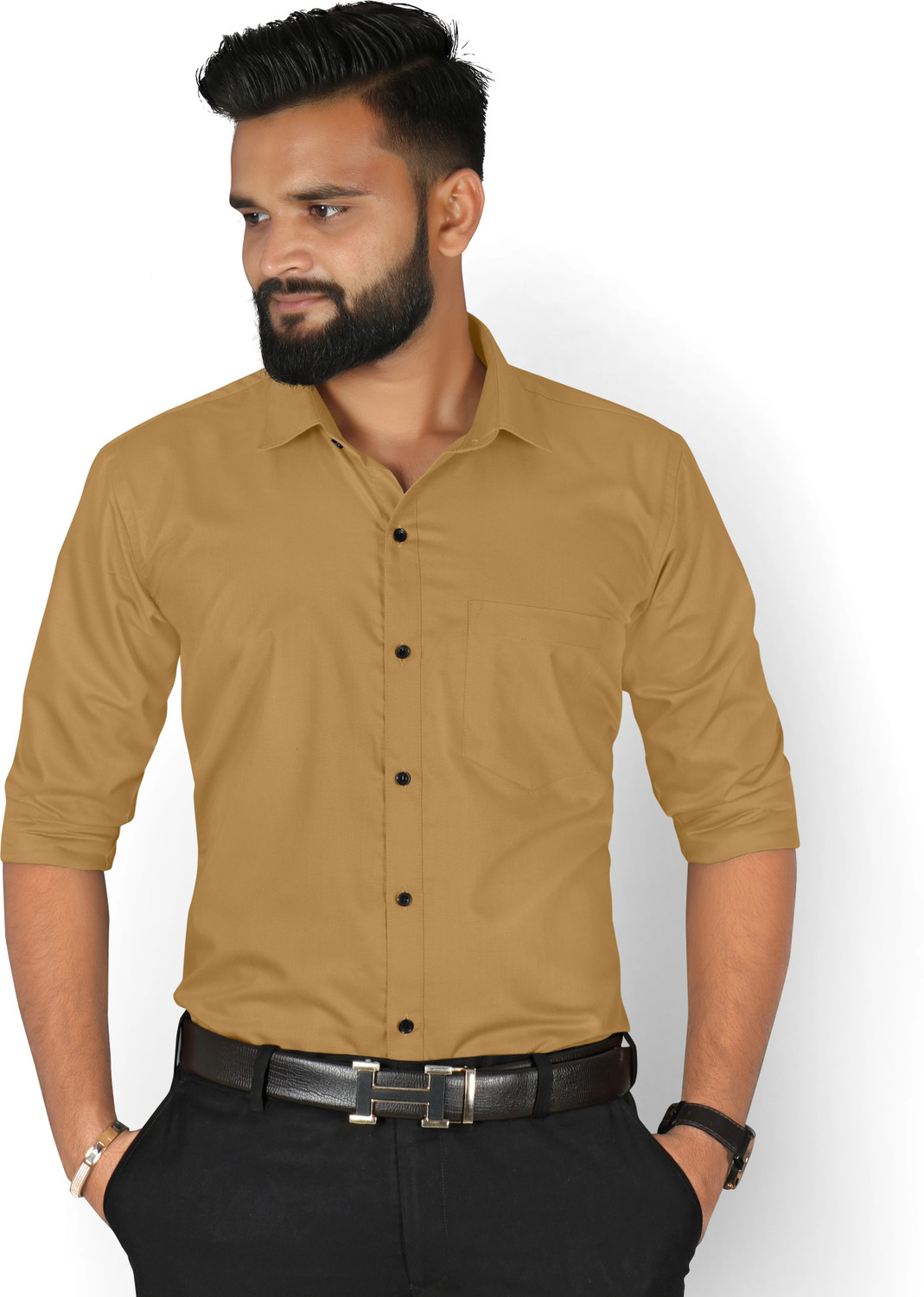Image of FIBERMILL Men Solid Formal Khaki Shirt