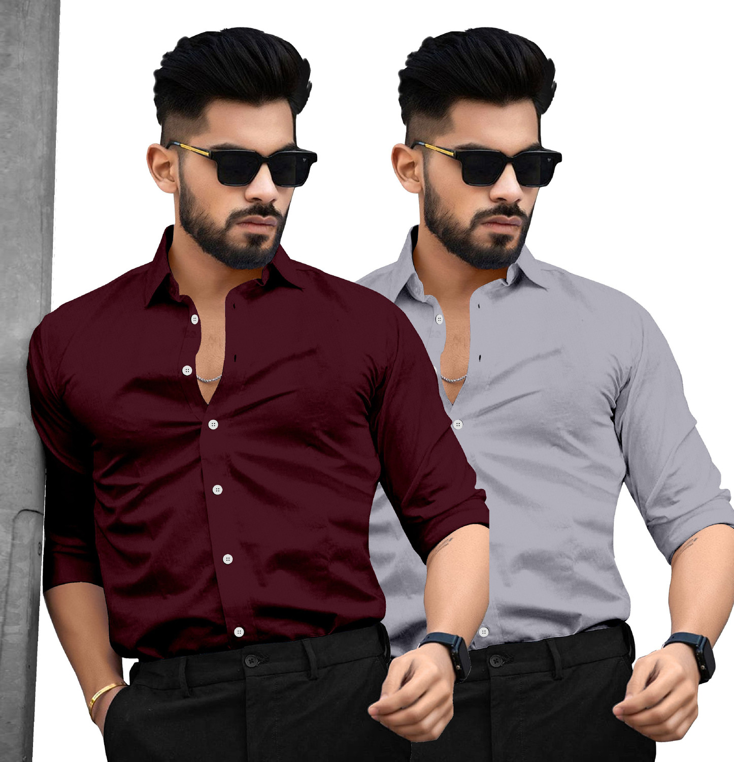 Image of SAADIWALA Men Solid Casual Maroon, Grey Shirt