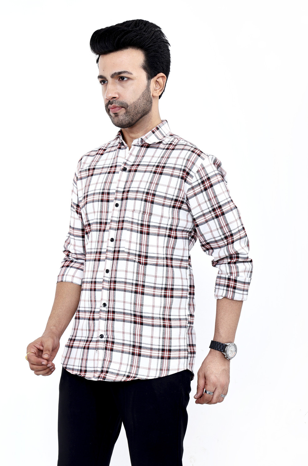 Image of FATTY MOUSE Men Checkered Casual White Shirt
