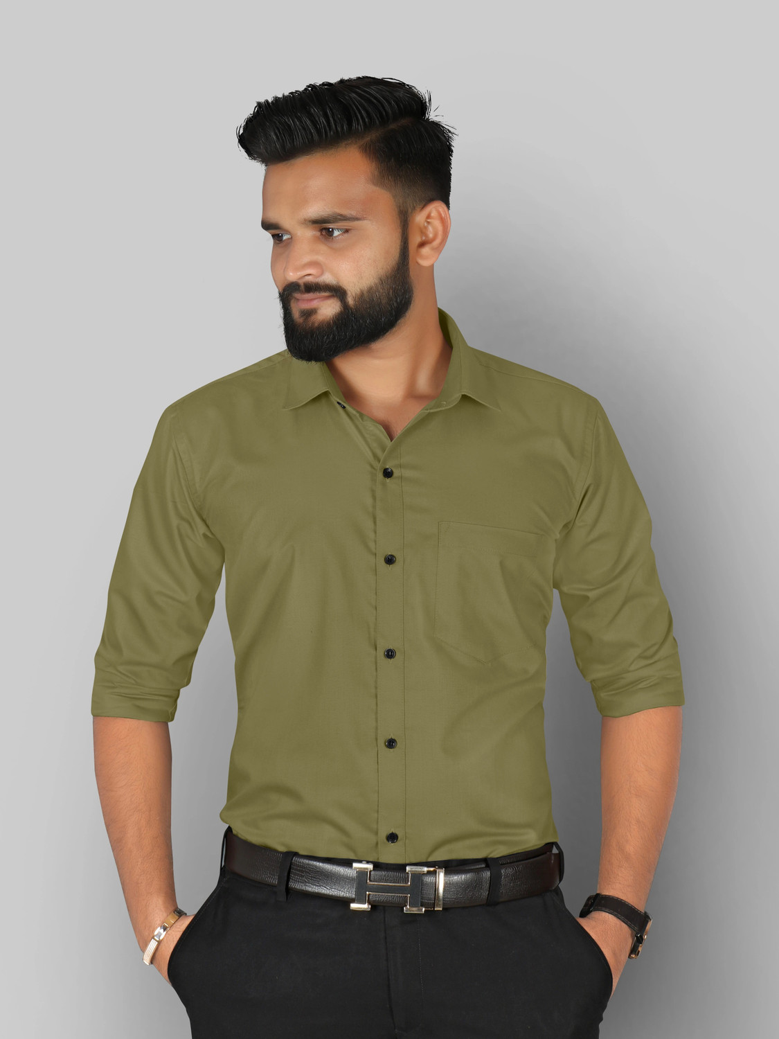 Image of FIBERMILL Men Solid Formal Green Shirt