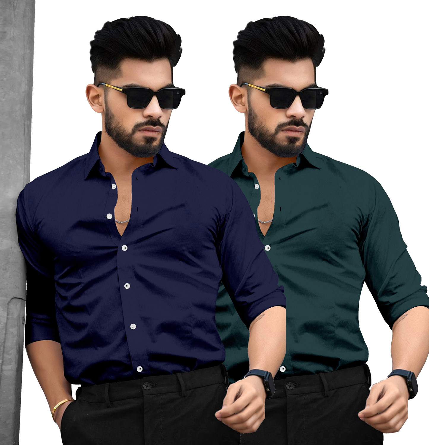 Image of SAADIWALA Men Solid Casual Dark Blue, Green Shirt
