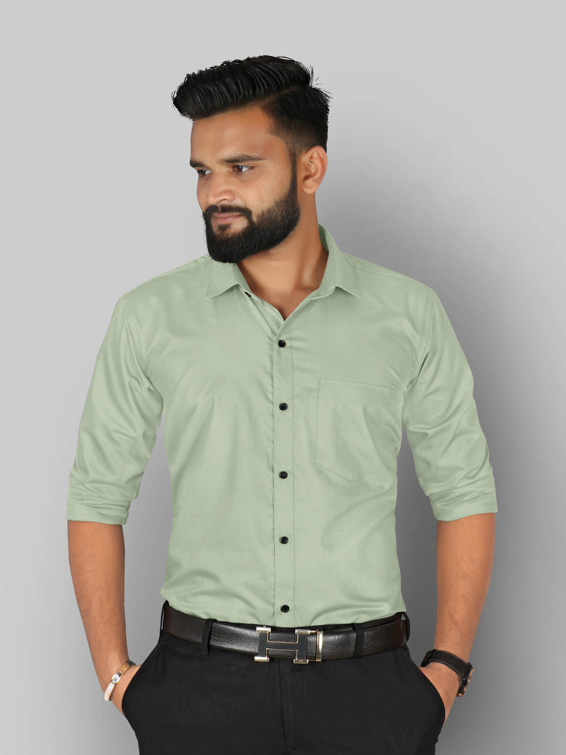 Image of FIBERMILL Men Solid Formal Light Green Shirt