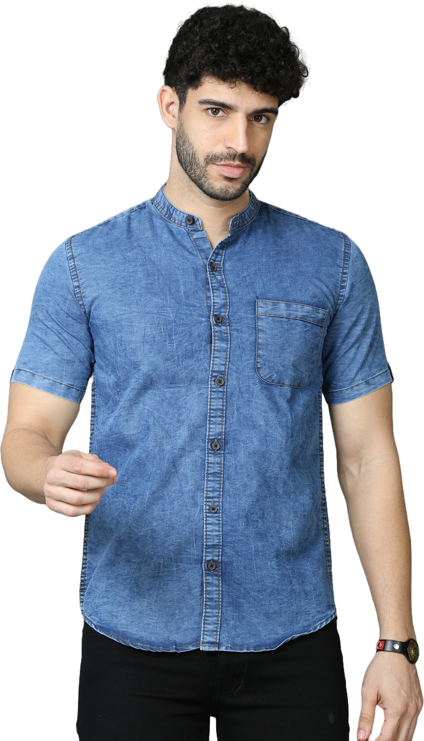 Image of HouseOfCommon Men Solid Casual Blue, Gold Shirt