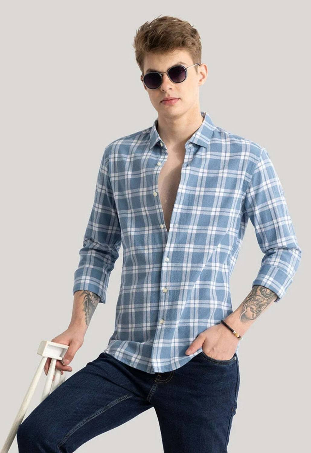 FUBAR Men Checkered Light Blue Shirt - Image 5