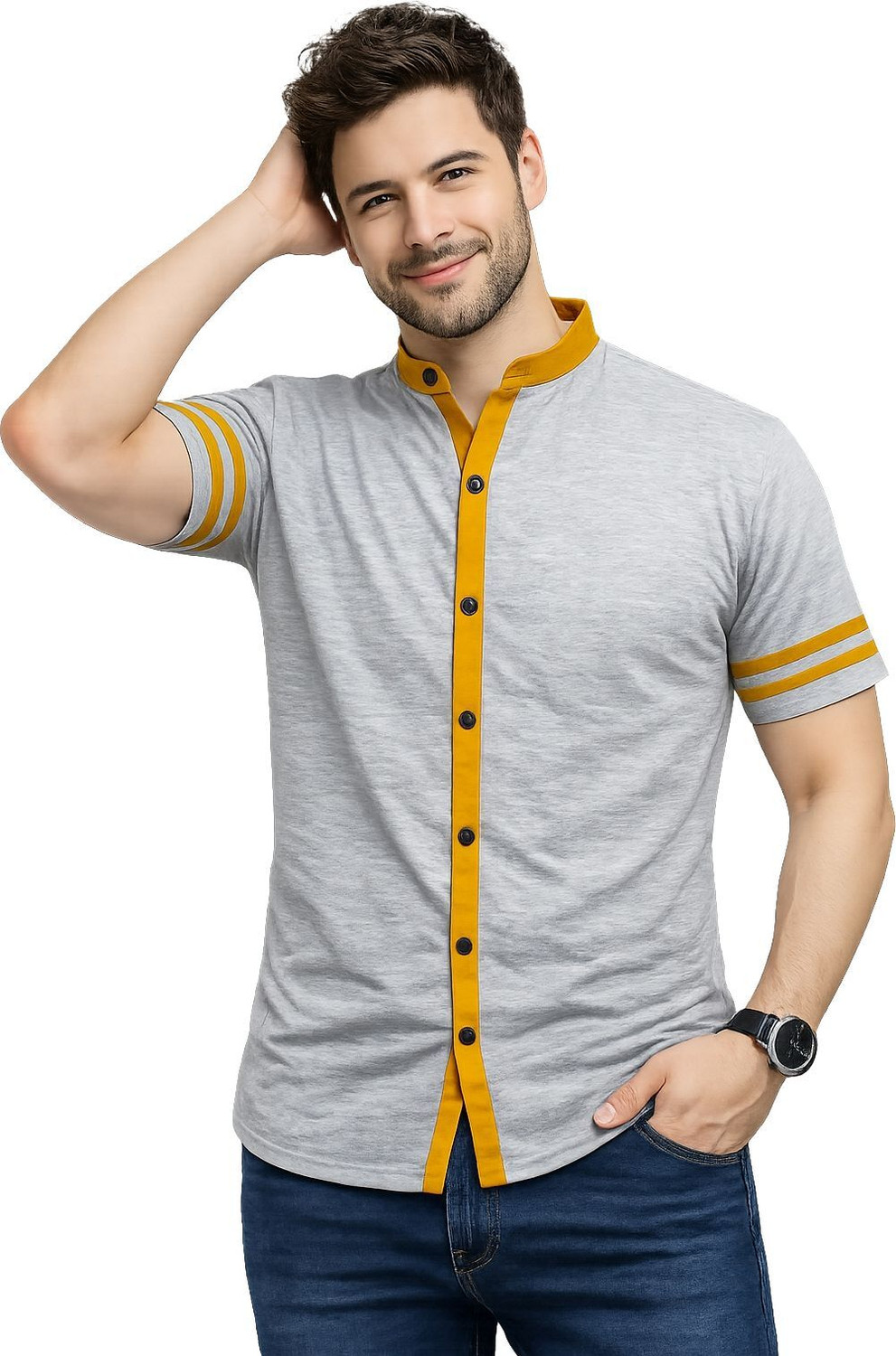 Image of Money Leaf Men Solid Casual Silver Shirt