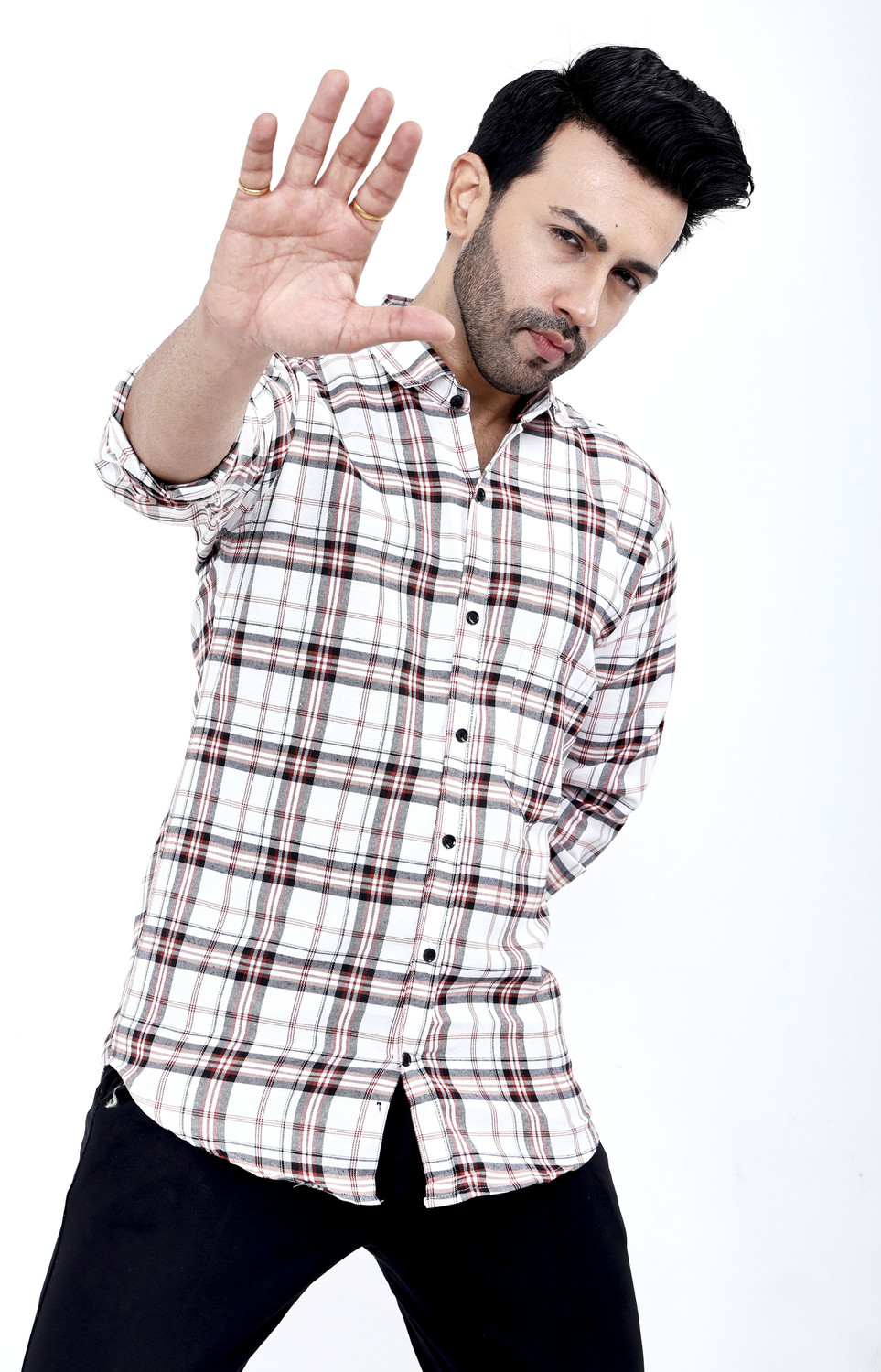 Image of FATTY MOUSE Men Checkered Casual White Shirt
