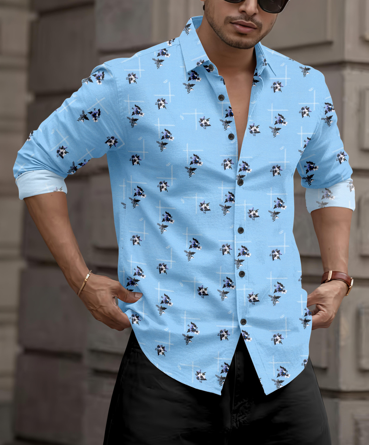 Image of SANBROS Men Printed Casual Blue Shirt