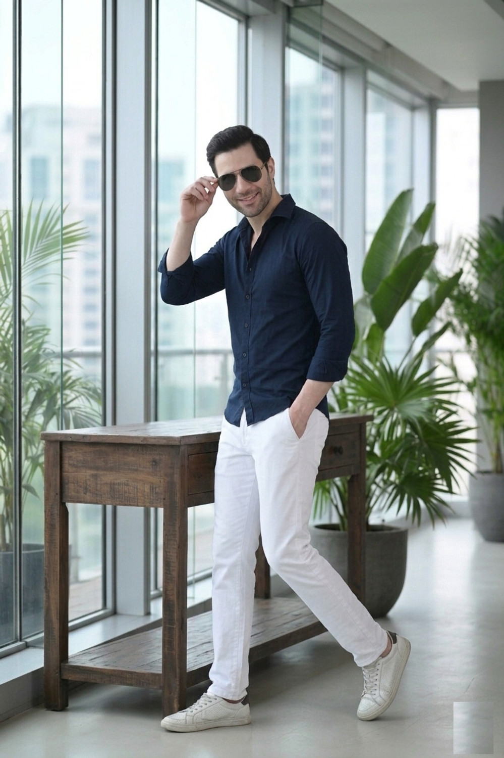 Image of Lycka Men Solid Casual Dark Blue Shirt