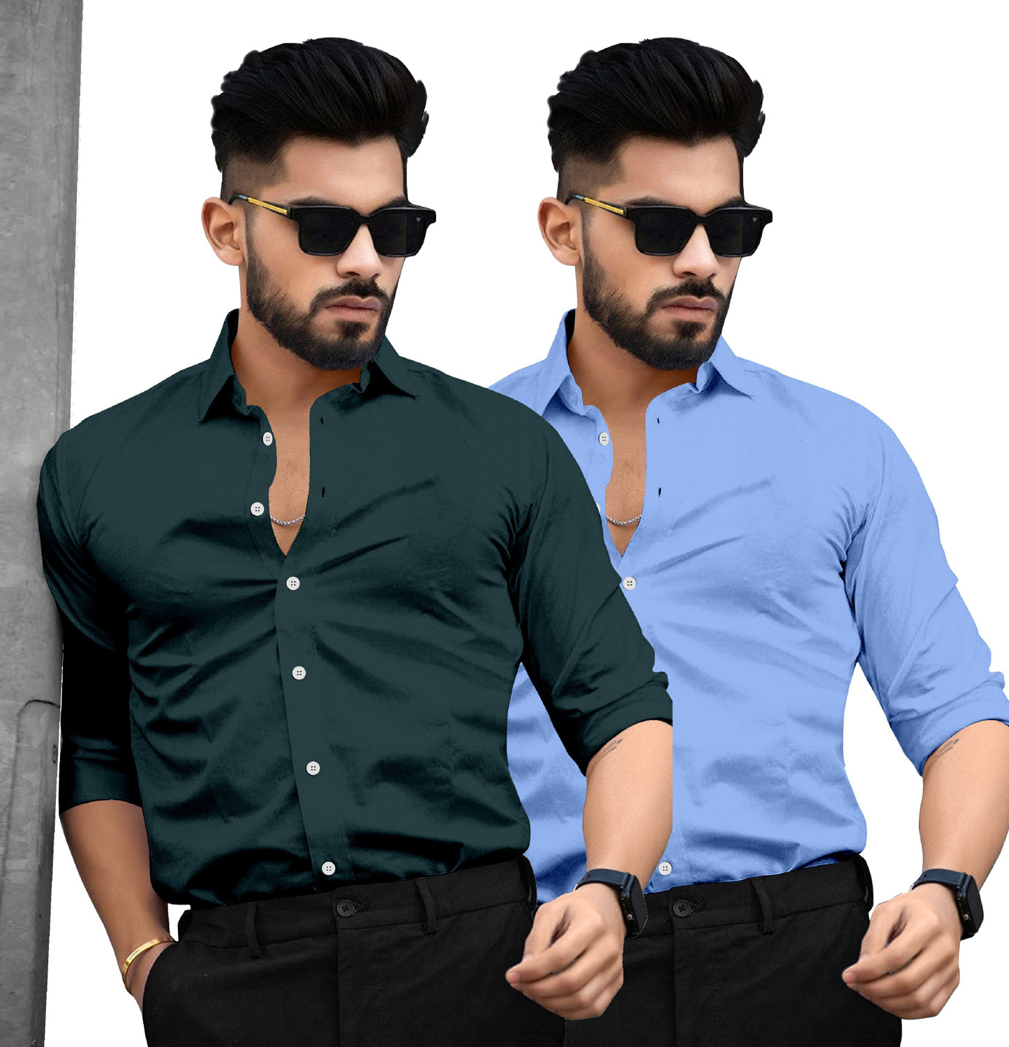 Image of SAADIWALA Men Solid Casual Light Blue, Green Shirt