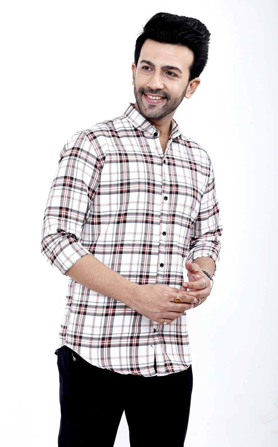 Image of FATTY MOUSE Men Checkered Casual White Shirt