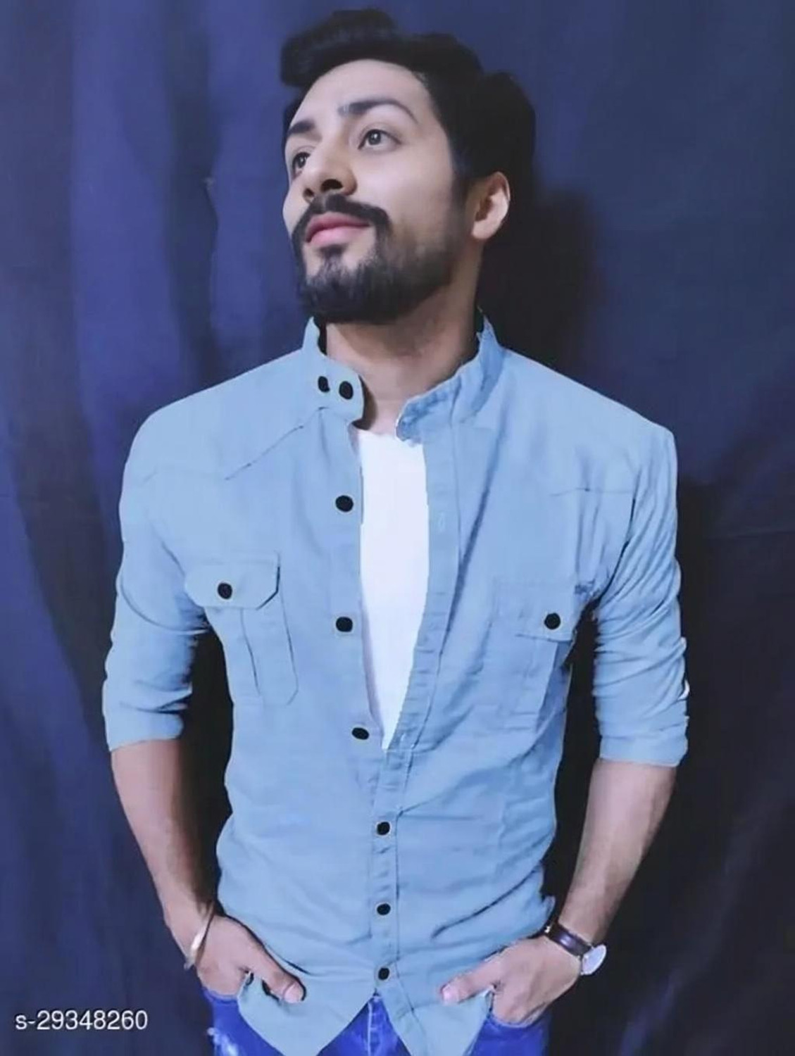 Image of EMTY FASHION Men Solid Casual Light Blue Shirt