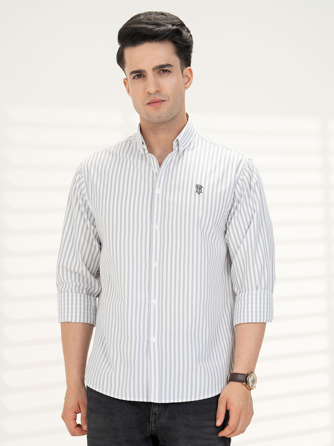 Image of RED TAPE Men Striped Casual Grey Shirt