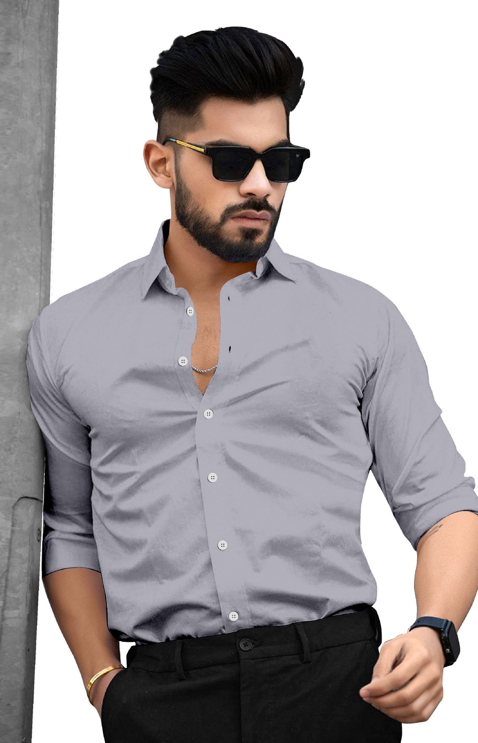 Image of SAADIWALA Men Solid Casual Light Blue, Grey Shirt